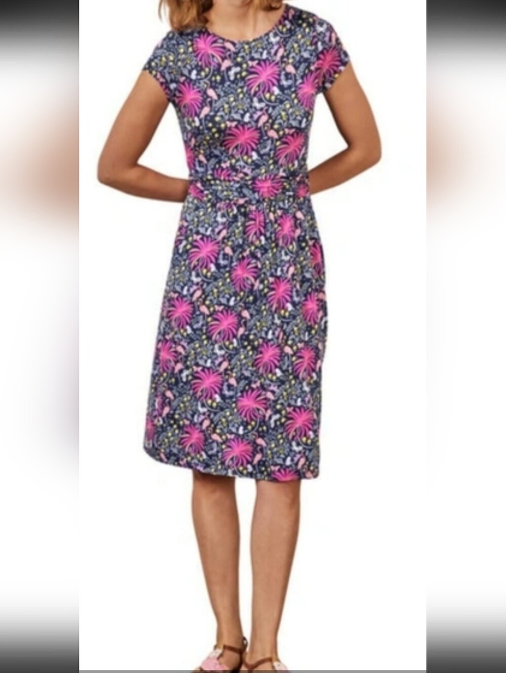 BODEN Whimsy Hawain Stretch Jersey Pink Navy Tropical Flamingo Pockets Size 6P